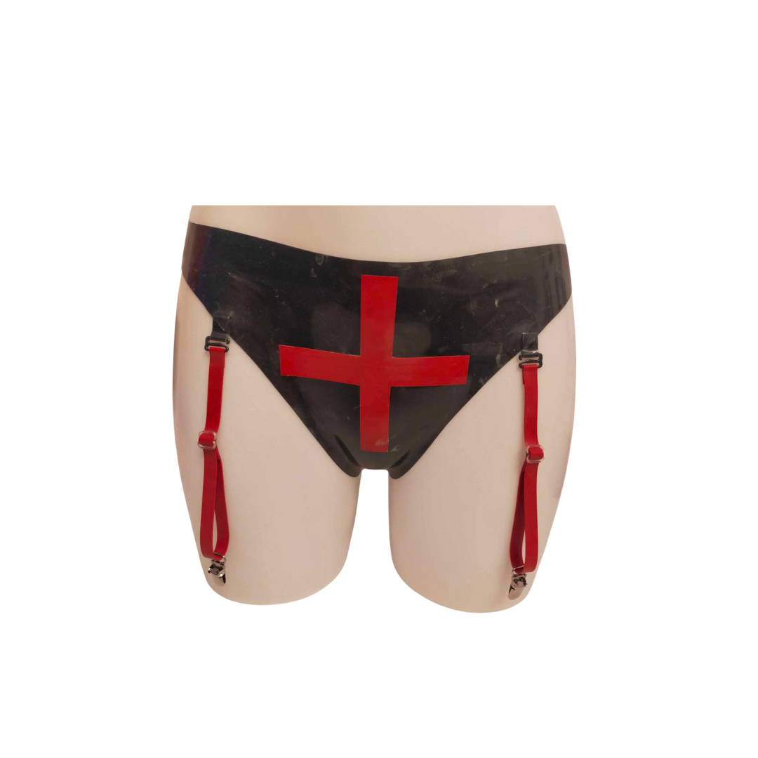 A pair of low rise latex nurse suspender knickers in black with red cross applique.