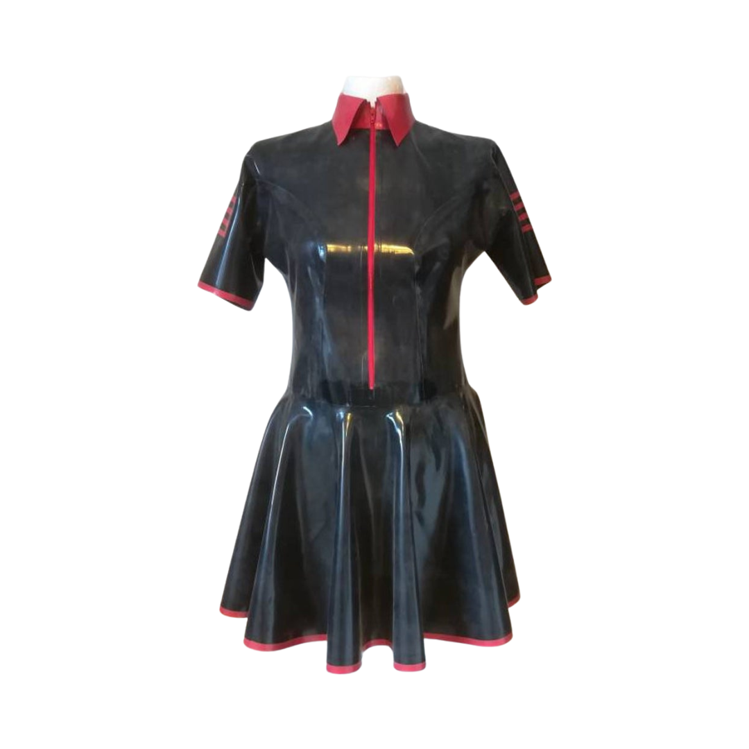 A black latex swing dress with red trim detail.