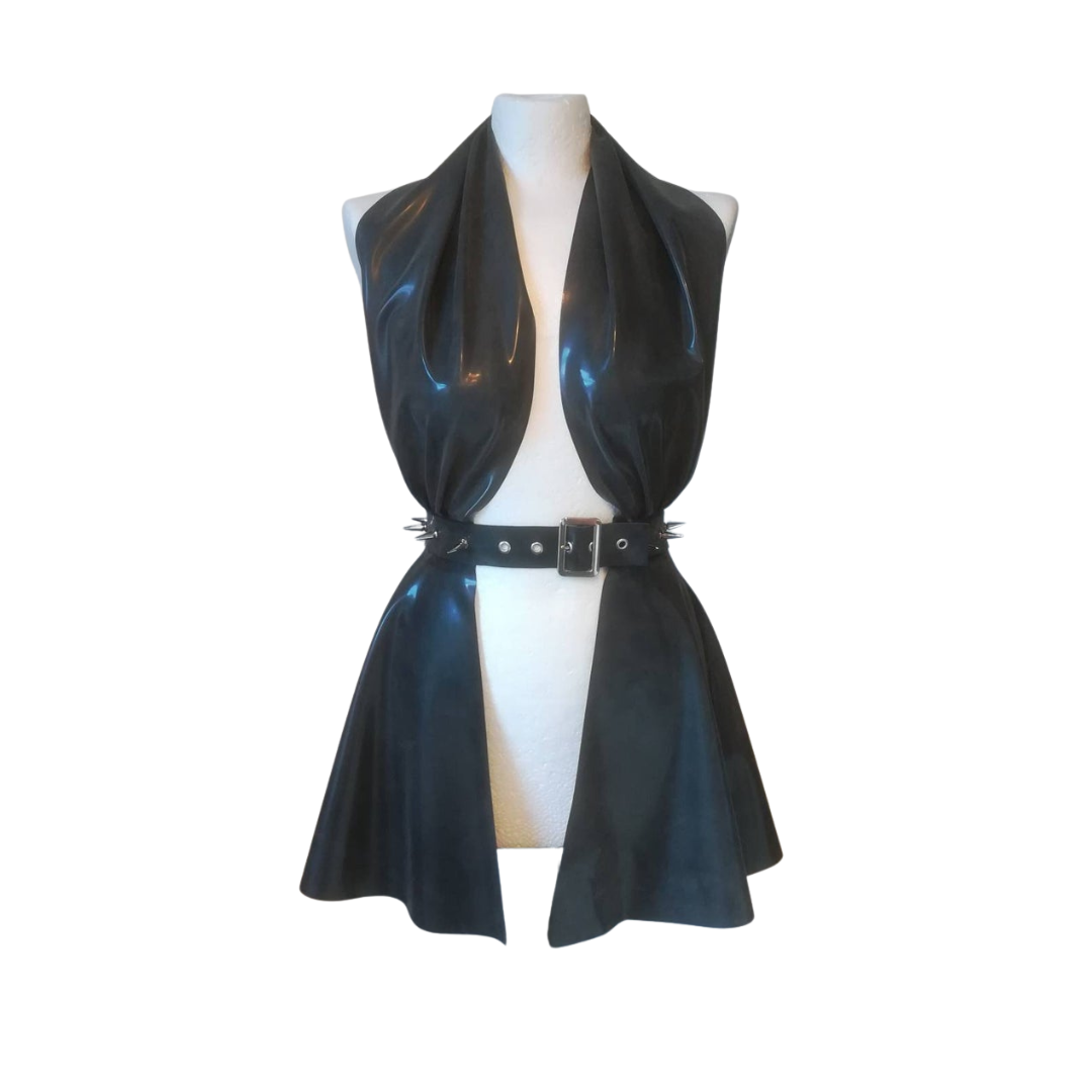 A black latex halter neck peplum dress with attached spiked belt.