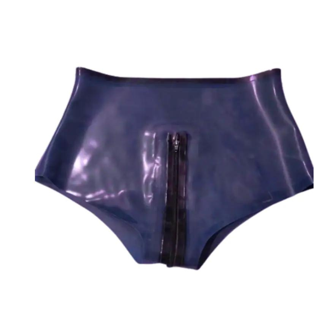 A pair of blue latex high waist knickers with a black zip front opening.