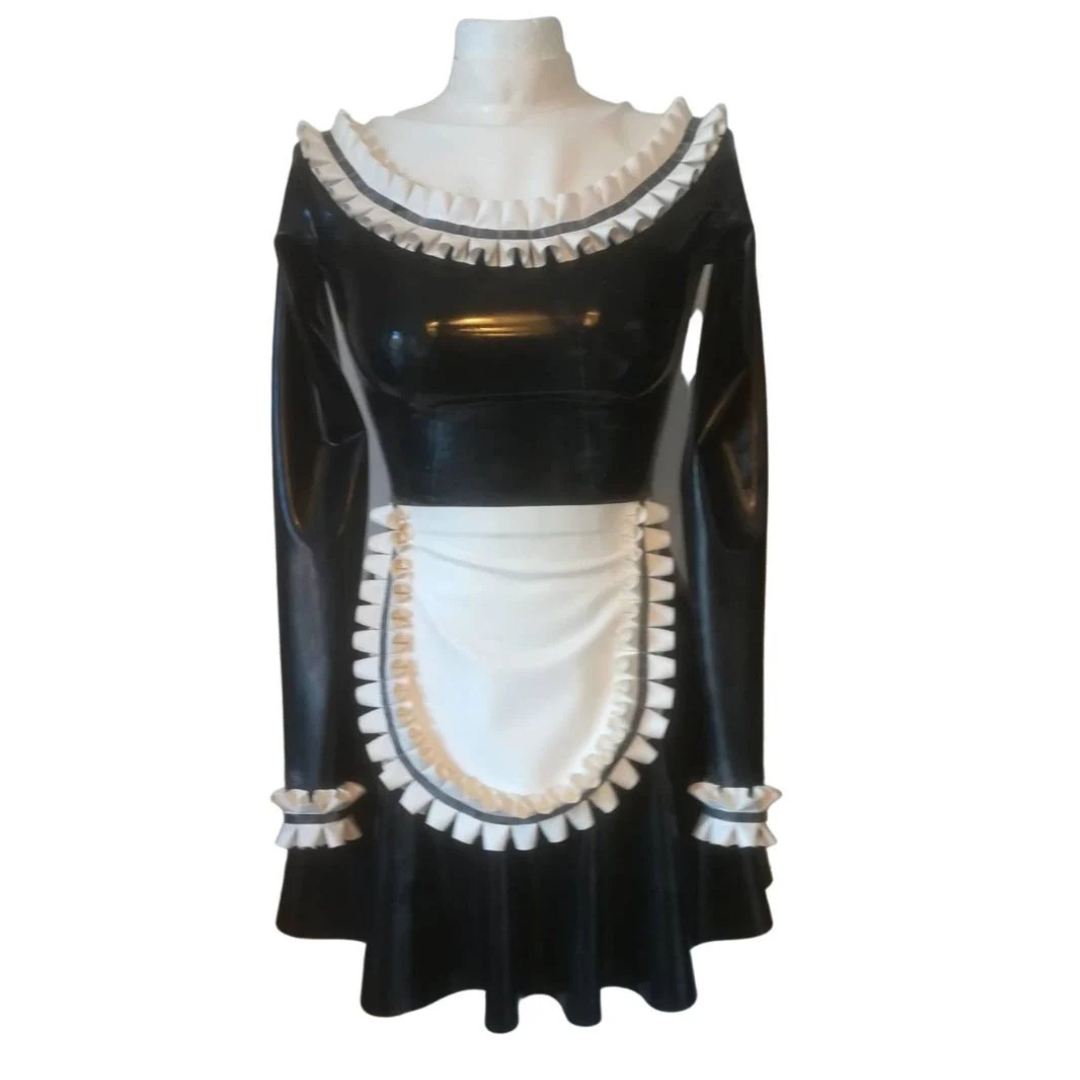 Black and white latex maid outfit on a mannequin against a white background. The collar, sleeves and apron feature double rows of frills.