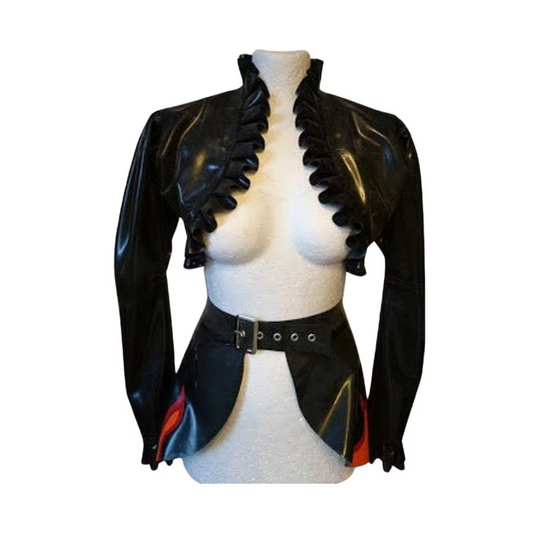 A black latex bolero jacket with frim trim detail around the neckline and cuffs.