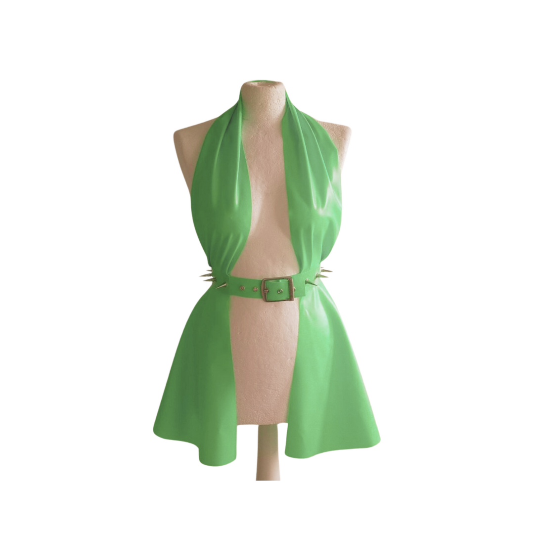 A jade green latex halter neck peplum dress with attached spiked belt.