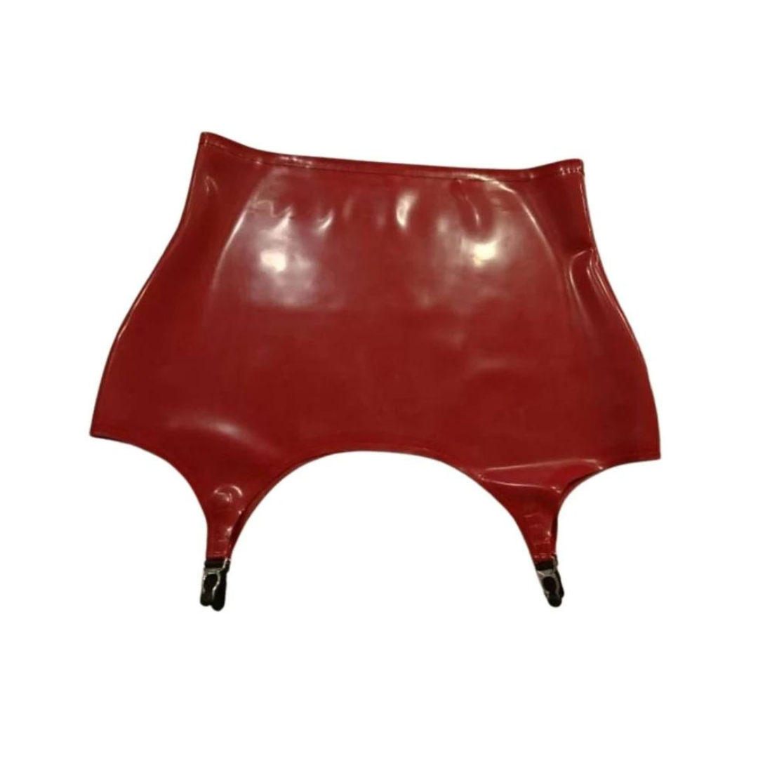 A wide red latex suspender belt with rubber suspender ends.