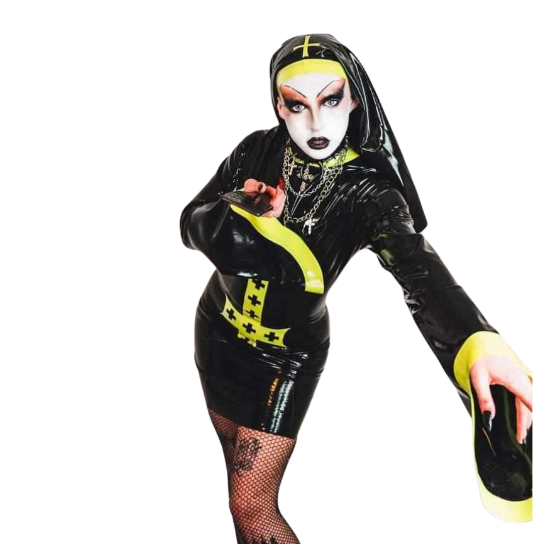 A black latex dress with a large yellow gothic cross applique and yellow trim.