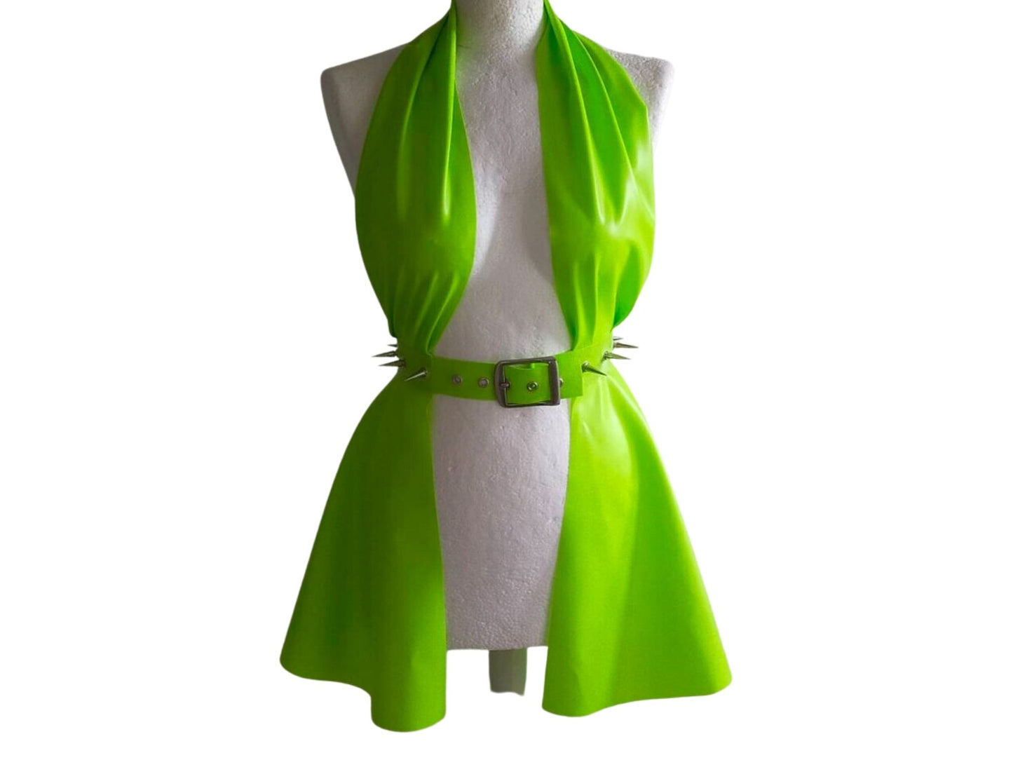A green latex halter neck peplum dress with attached spiked belt.