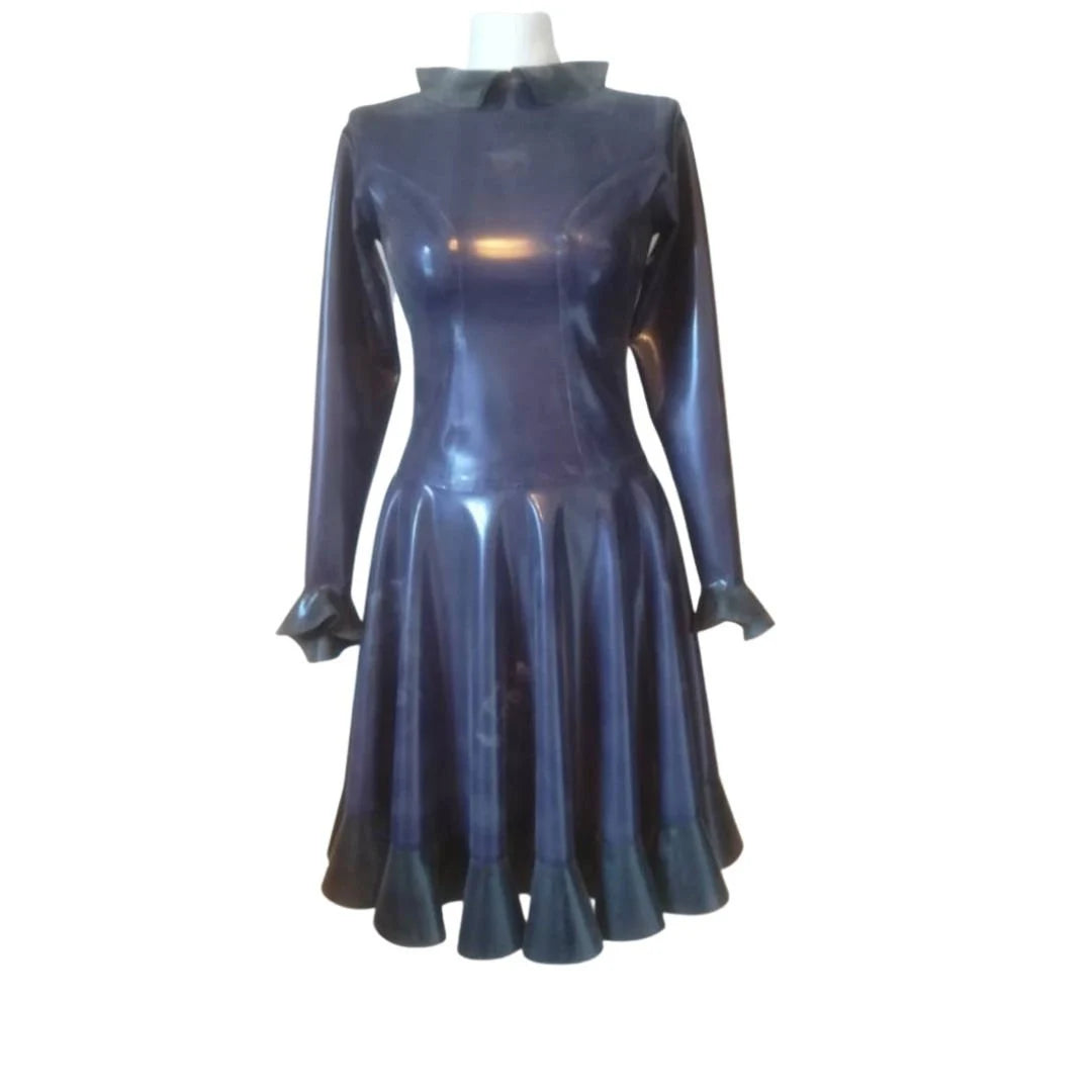 A metallic blue long sleeve round collar swing dress with contrast black trim collar and cuffs. The hemline has a matching deep flounce.