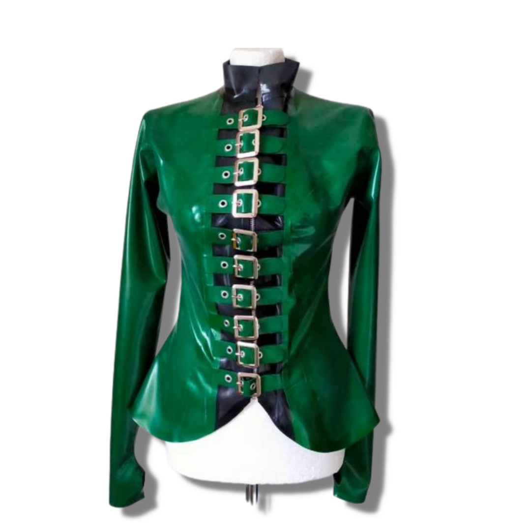 A metallic green latex thumb hook jacket with red strap fastening and zip closure. The front features a black collar and centre panel.
