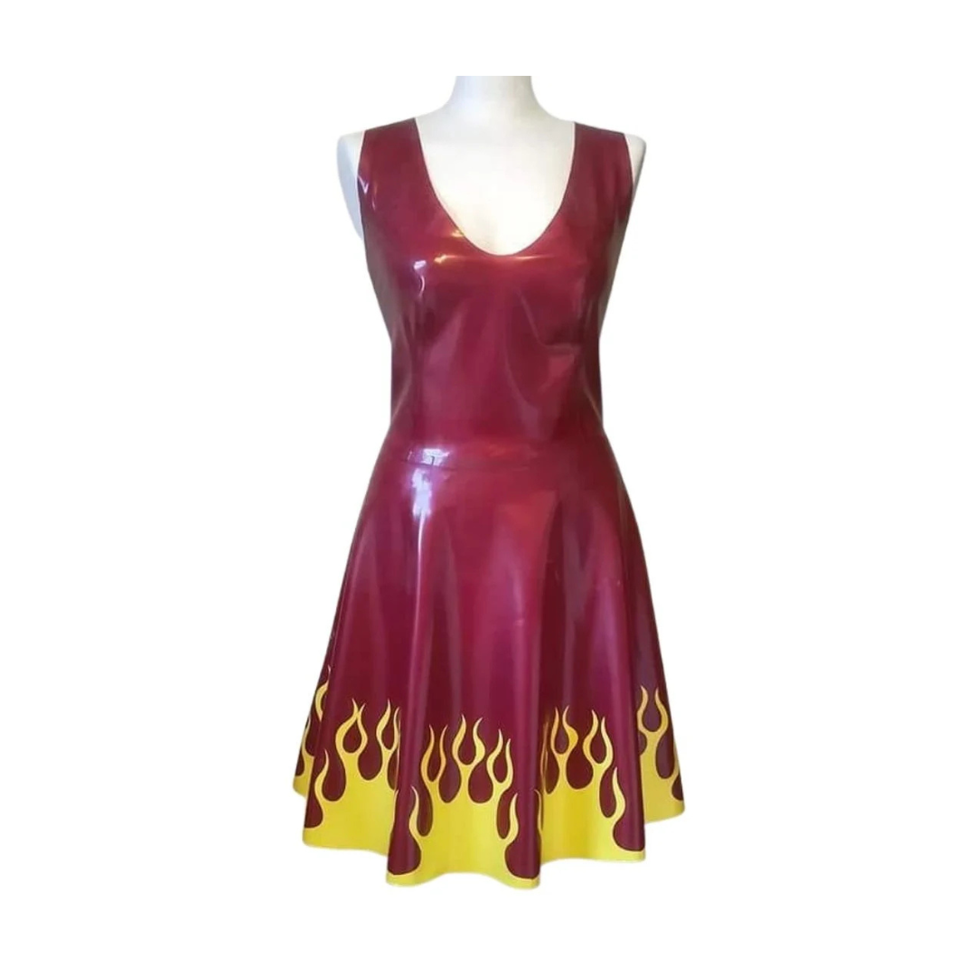 A metallic red latex sleeveless swing dress with yellow flames appliques around the hemline.