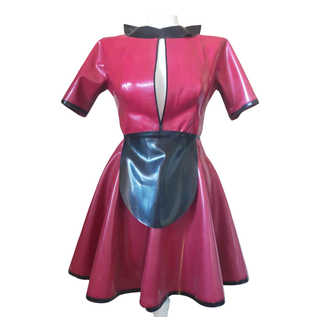 A thigh length metallic red short sleeved skater dress with zip front opening. The dress has a contrast black trim around the hemline and sleeves. It has a pan collar and matching apron.