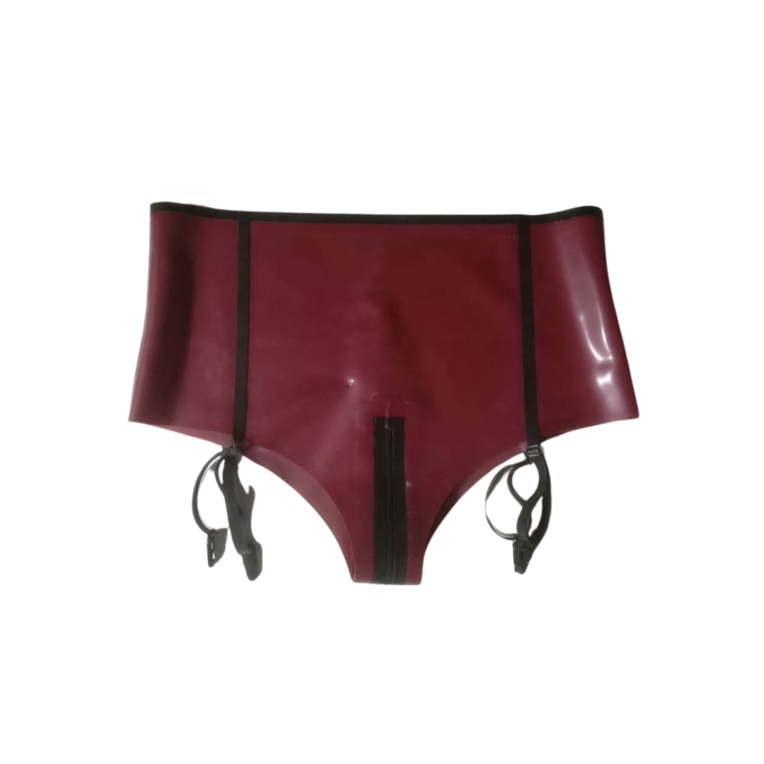 A pair of metallic red latex zip front suspender knickers.