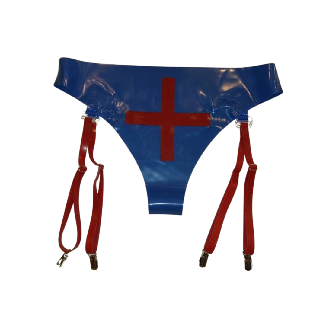 A pair of low rise latex nurse suspender knickers in mid blue with red cross applique.