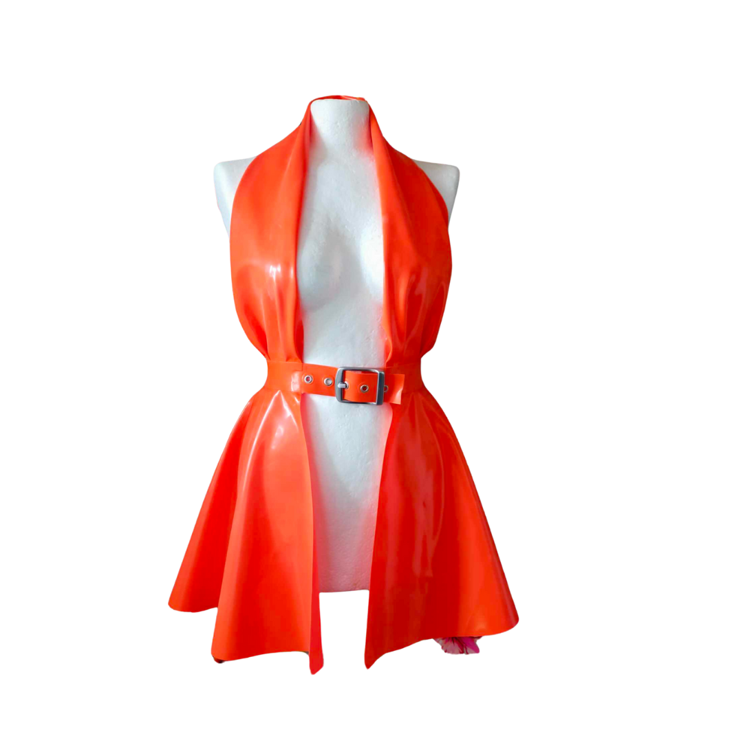 An orange latex peplum dress with attached belt.