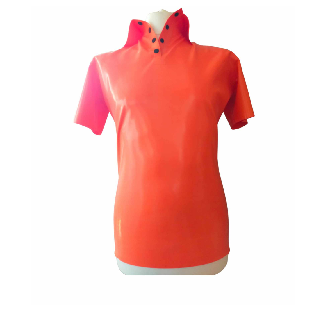 An orange latex polo shirt.