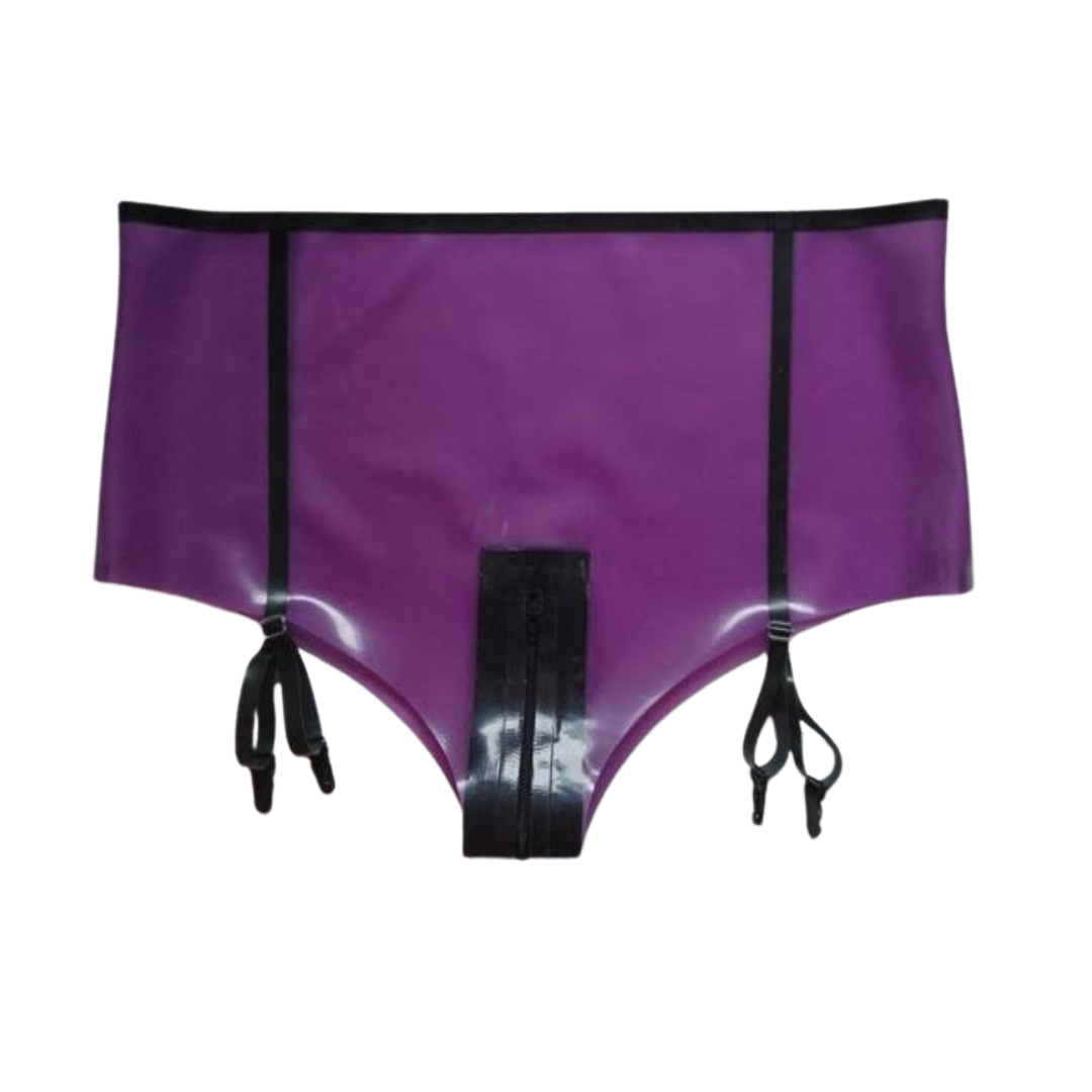 A pair of translucent lilac latex zip front suspender knickers.