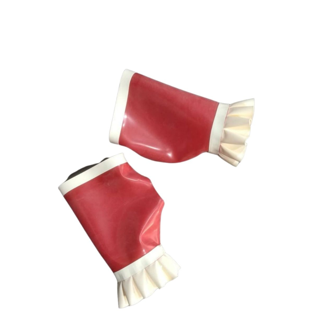 A pair of red latex fingerless gloves with white frill trim detailing.
