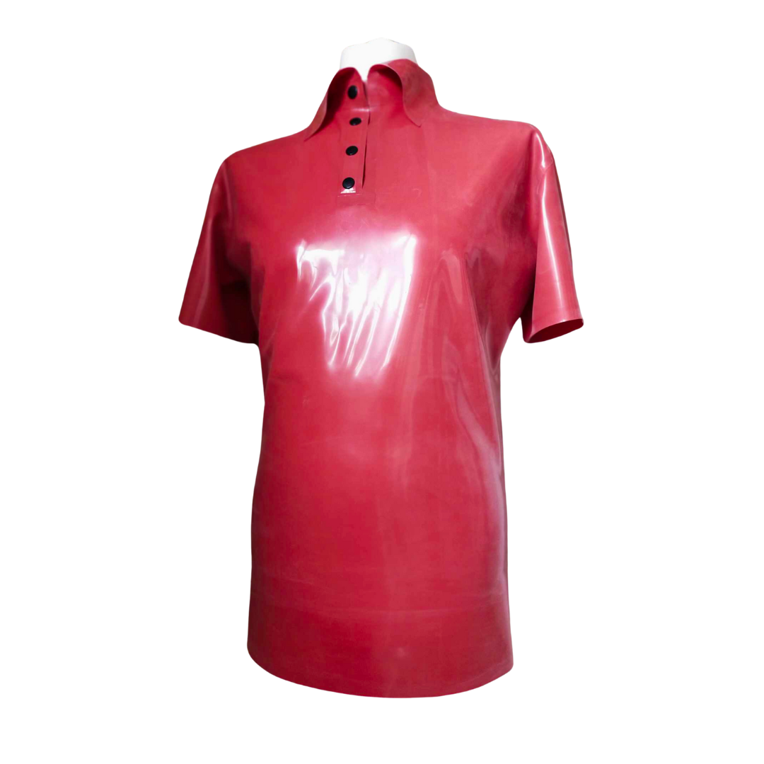 A red latex polo shirt with black popper fastening.