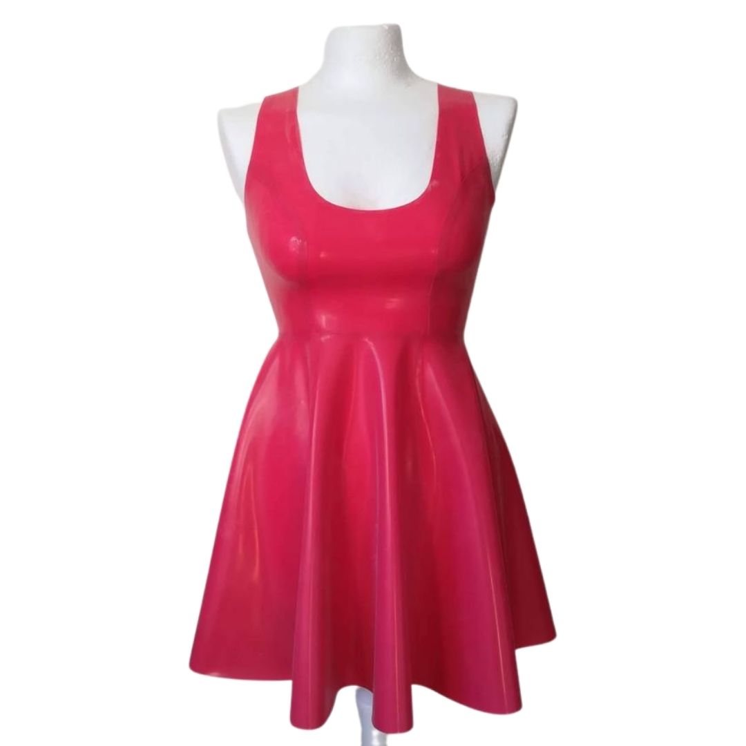 A red sleeveless latex swing dress.