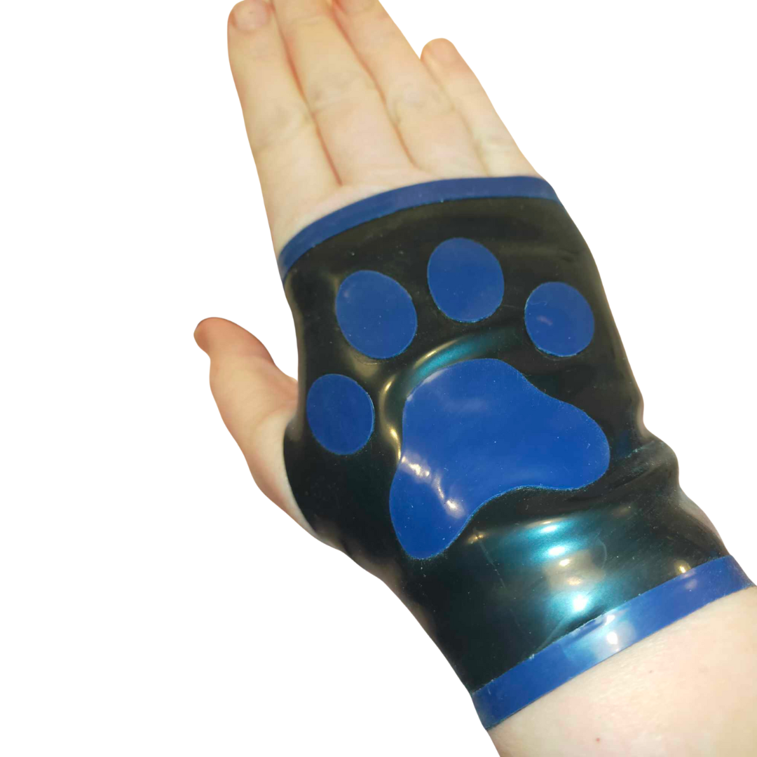 A pair of black fingerless latex gloves with royal blue paw print appliques and trim.