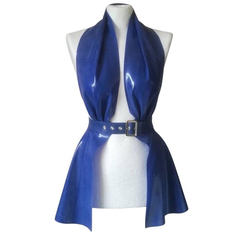 A royal blue latex peplum dress with attached belt.