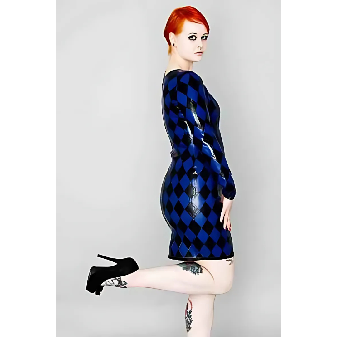 A 60s style long sleeved latex dress made from black an blue diamonds.