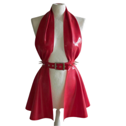 A red latex halter neck peplum dress with attached spiked belt.
