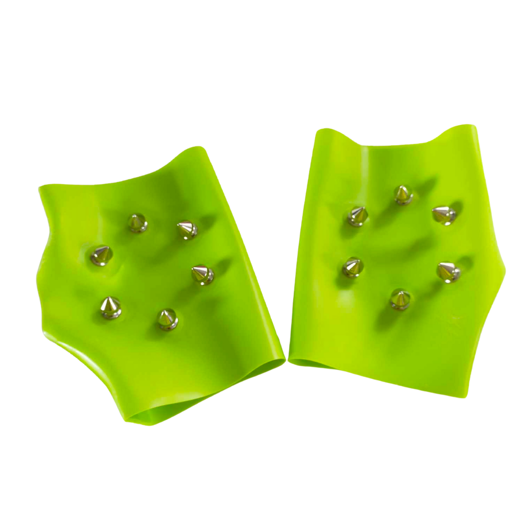 A pair of short green latex studded gloves with black trim.