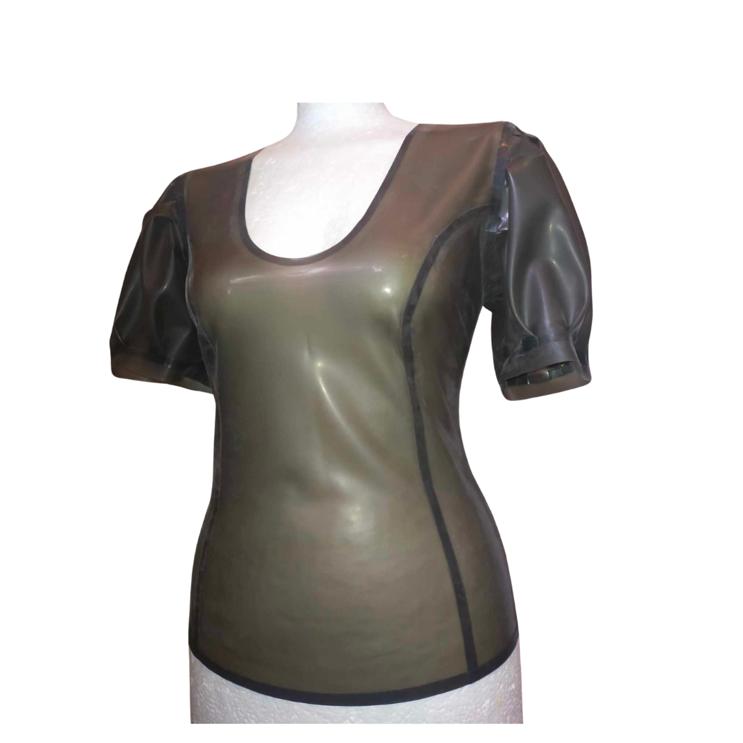A translucent black puff sleeve latex top with scoop neck line.