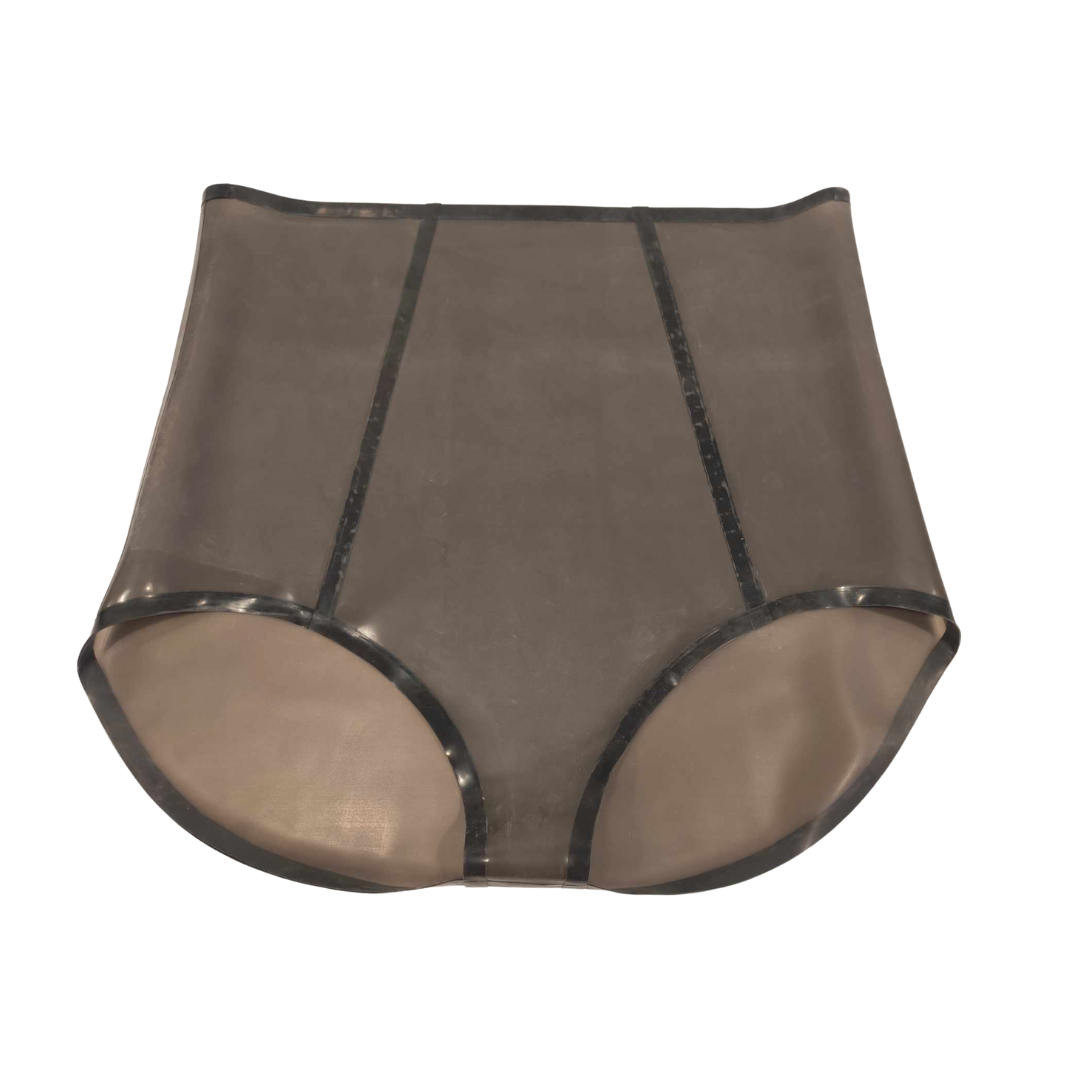 A pair of translucent black high waist knickers with black trim detail.