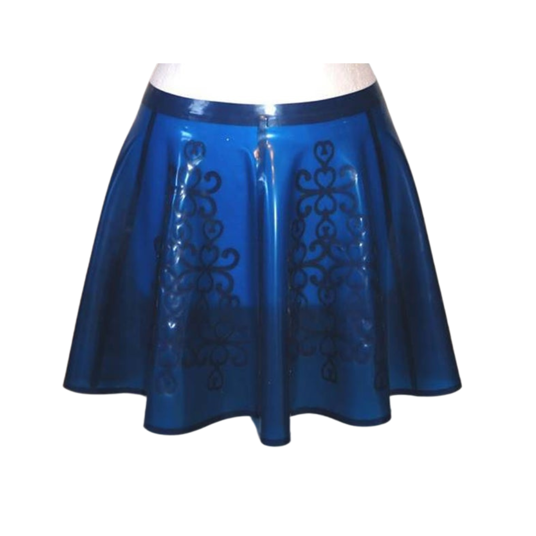 A translucent blue skater skirt with blue baroque style pattern and trim detail.