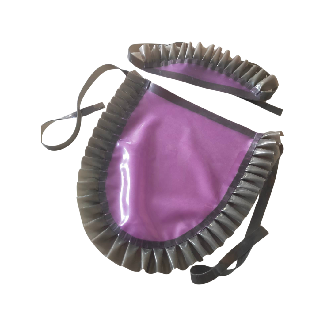 A translucent lilac latex apron and cap with translucent Smokey black frilled edging and fastening.