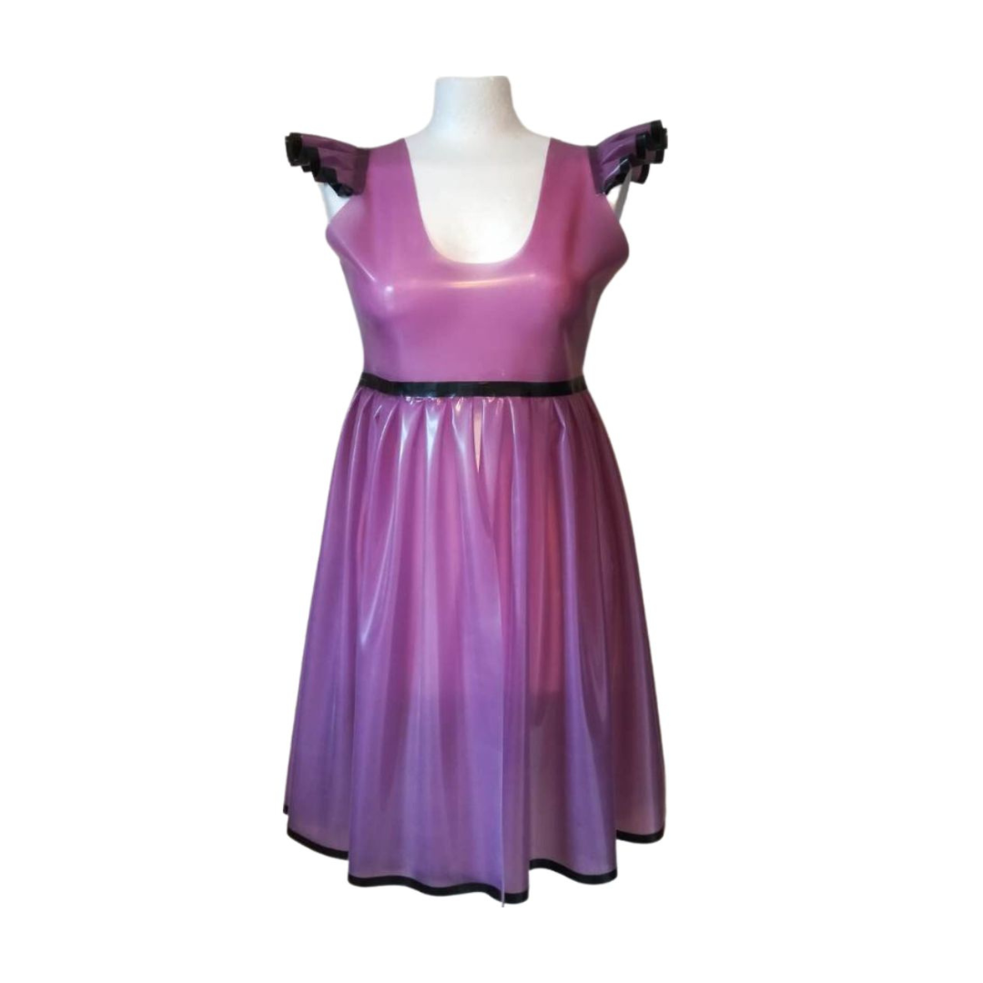 A translucent lilac latex nightie with frilled cap sleeves and black trim.