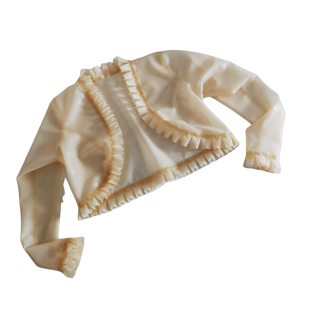 A translucent natural latex bolero jacket with frim trim detail around the neckline and cuffs.