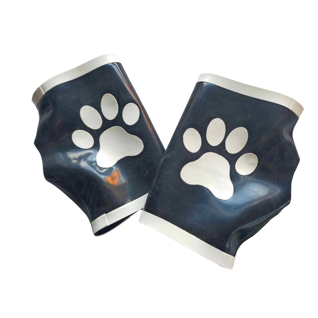 A pair of black latex fingerless gloves with white trim detail. They have violet paw print appliques.