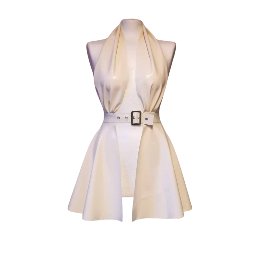 A white latex peplum dress with attached belt.