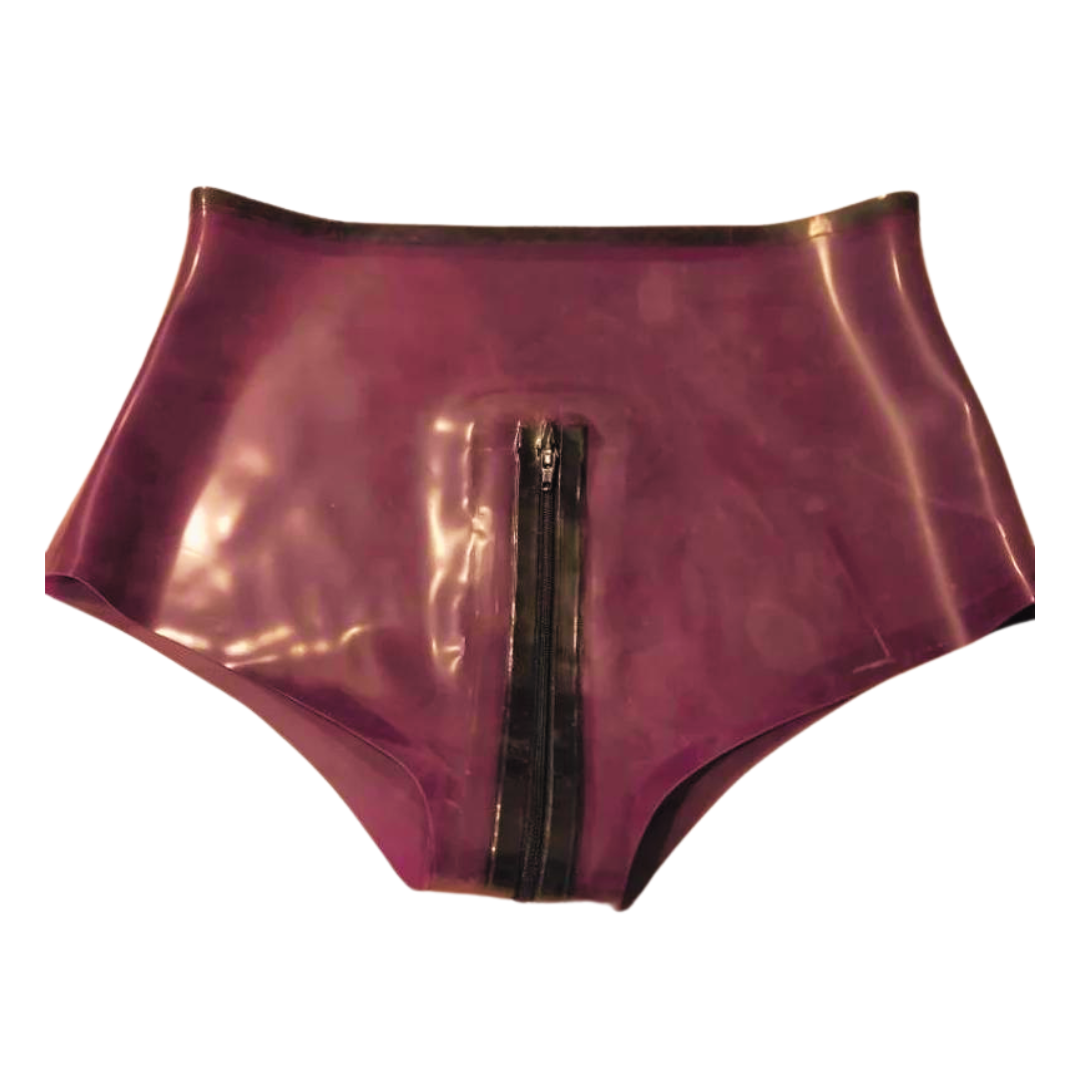 A pair of plum latex high waist knickers with a black zip front opening.