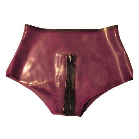 A pair of plum latex high waist knickers with a black zip front opening.