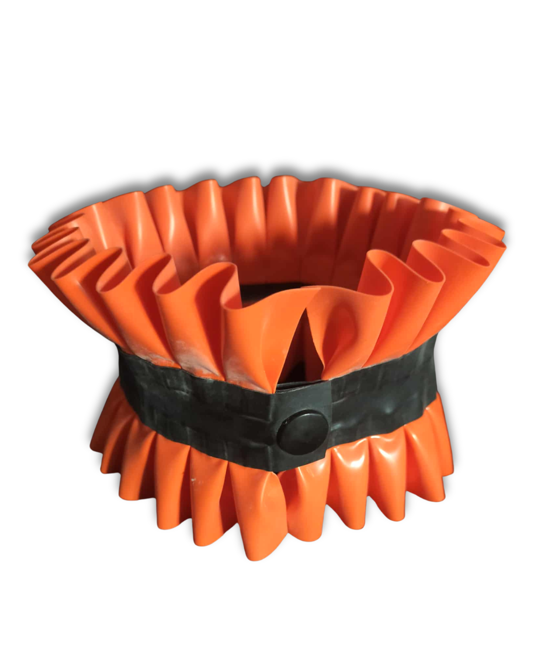 An orange frilled latex choker with a wide black band around the middle and a round black press stud closure, shown on a plain white background.