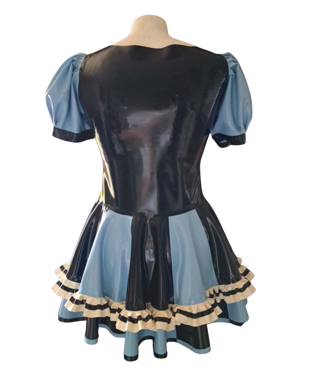 A short blue and black latex costume dress shown from the back on a mannequin, featuring puff sleeves, a shiny black back panel, a flared blue skirt, and beige and black ruffled trim.