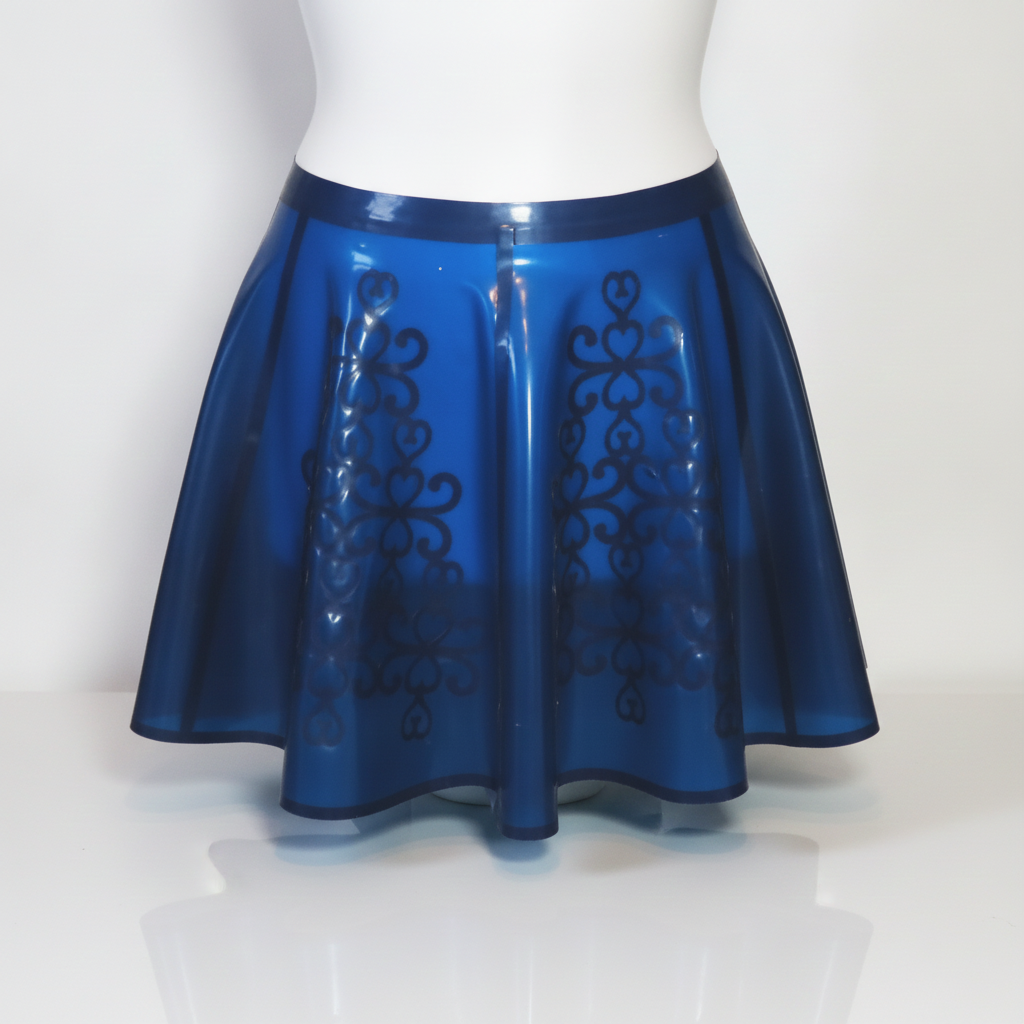 A shiny royal blue latex skirt with black damask-style patterns, displayed on a white mannequin torso against a white background.