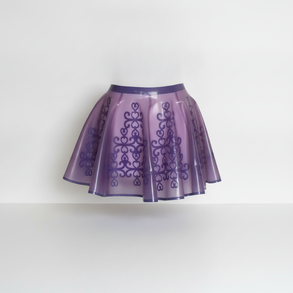 A purple pleated translucent skirt with a darker purple ornate scroll pattern and a solid purple waistband, shown against a plain white background.