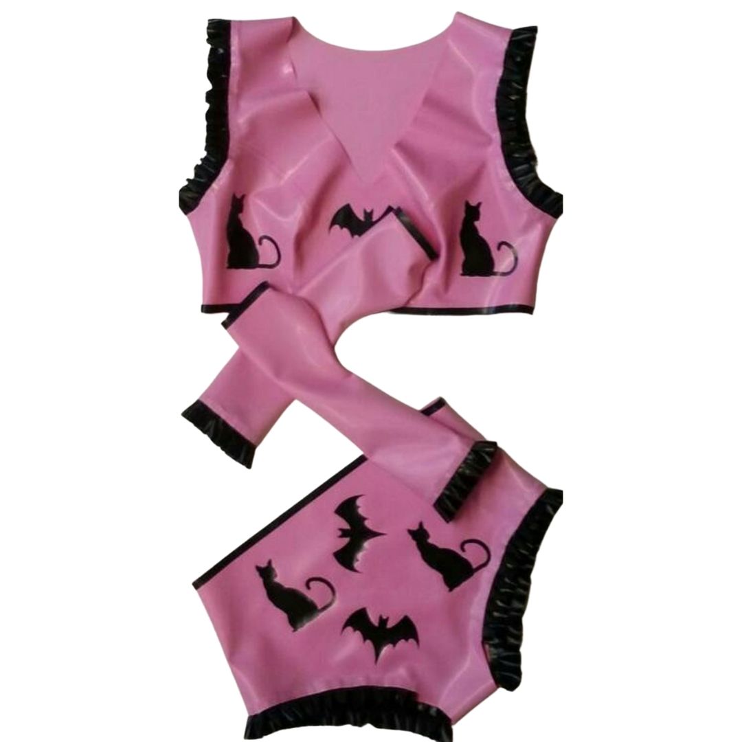 A bubble gum latex crop top set with fingerless gloves and pants. They are adorned with black frills and bats and cats appliques.