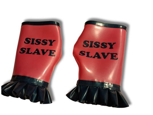 Pink latex gloves with 'Sissy Slave' text on a white background