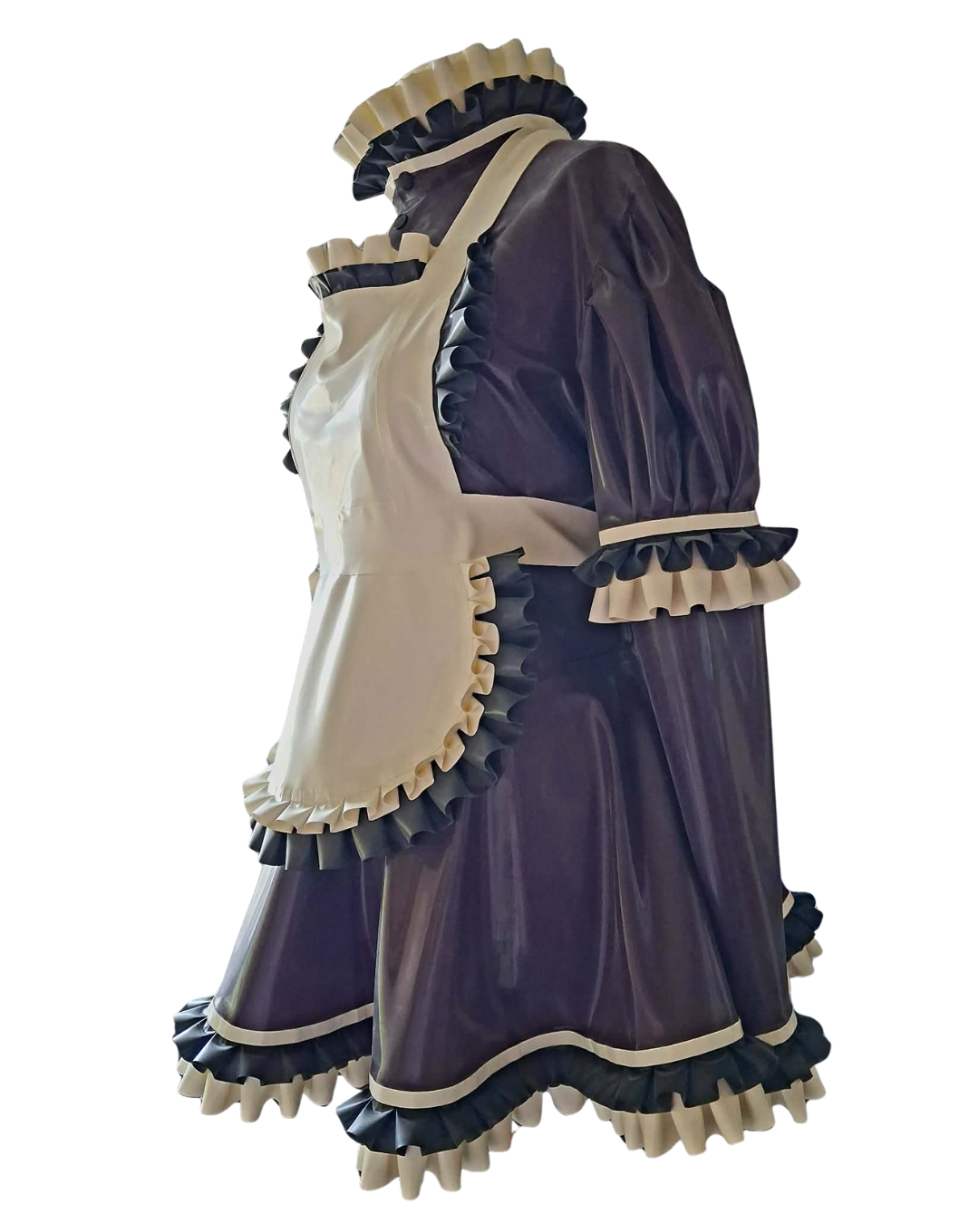 Purple latex maid dress and apron set with ruffled details on a white background