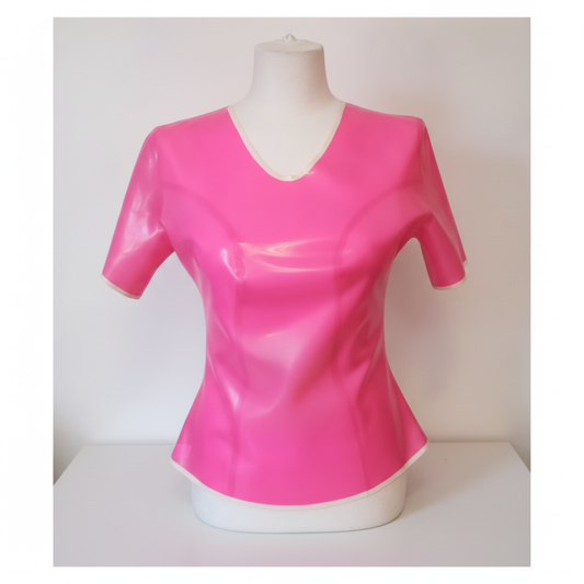 Bubble gum pink latex filled t shirt. V neck with white trim.