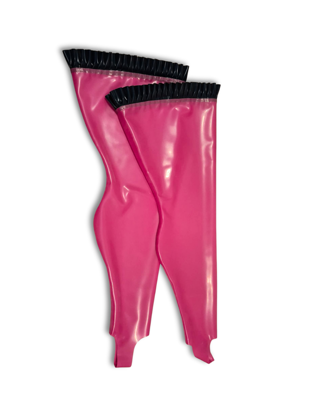 A pair of metallic pink latex stirrup stockings. Blue latex frills on the top