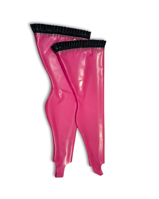 A pair of metallic pink latex stirrup stockings. Blue latex frills on the top