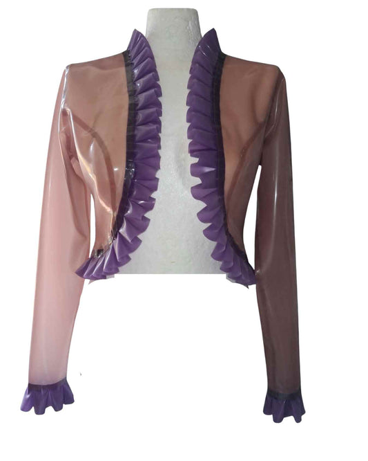 Translucent pink latex bolero jacket with purple ruffled details on a mannequin against a white background