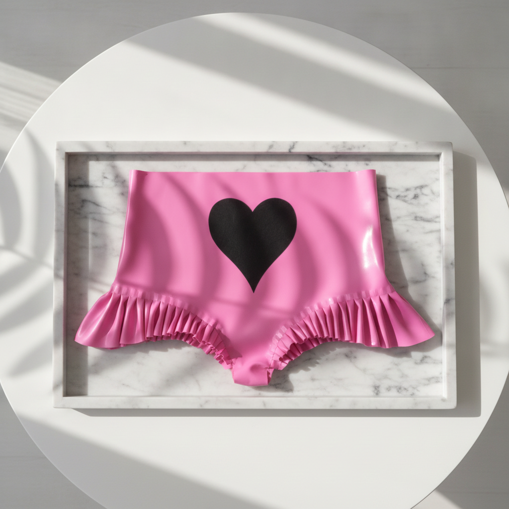 A pair of bright pink high-waisted bottoms with a large black heart on the front and a ruffled hem, displayed on a white marble tray over a round white table.