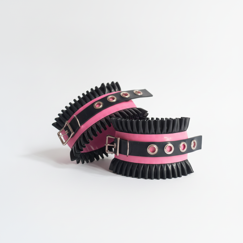 Two black latex cuffs with bright pink inner lining and silver-tone metal grommets and buckles, displayed on a clean white background.